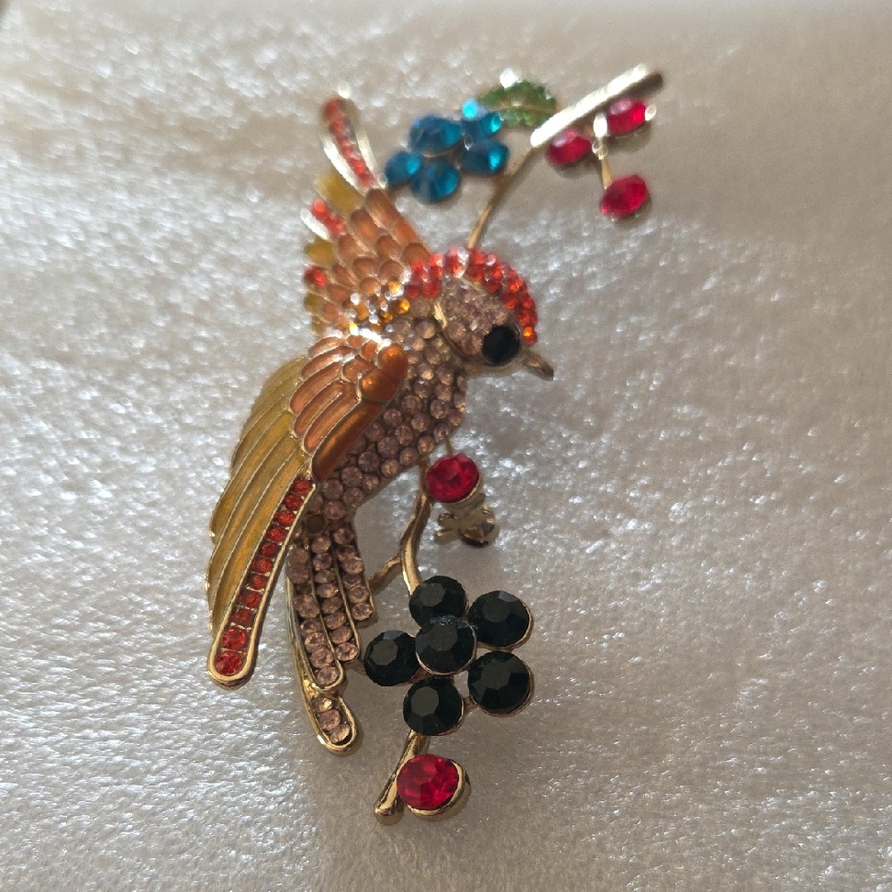 QVC Gold Tone Multicolor Crystal Bird Brooch with Black, Red & Blue Accents